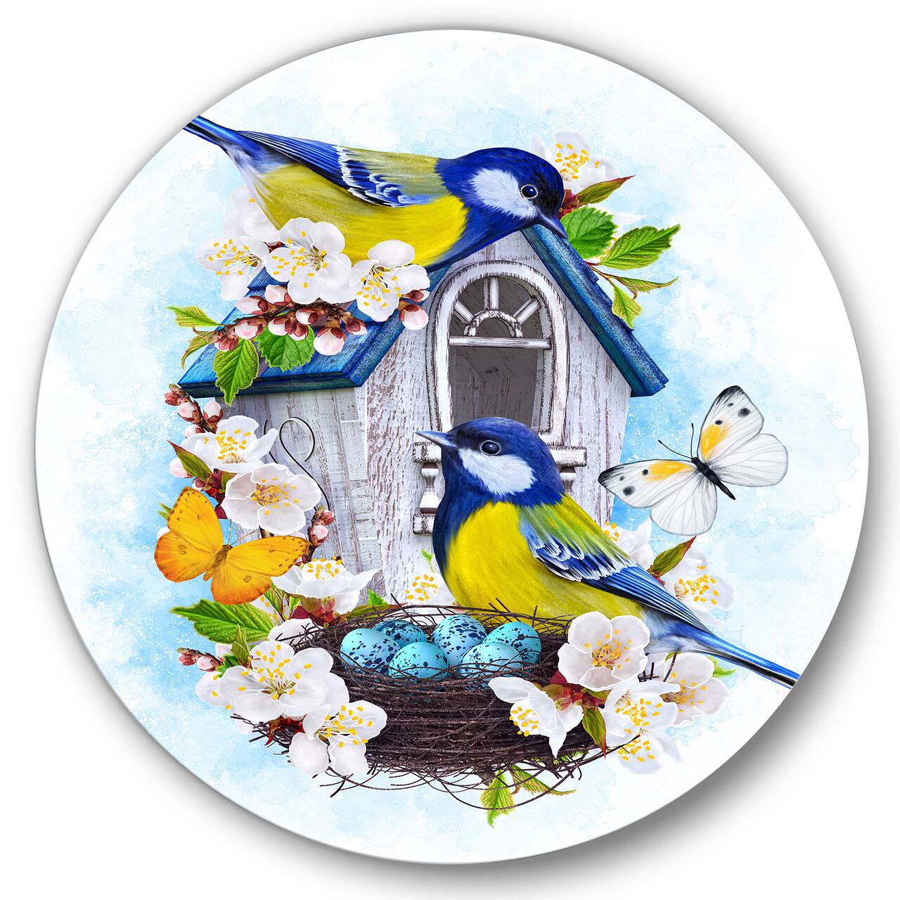 Designart - Two Tit Birds Sitting Near The Nest With Eggs I - Traditional Metal Circle Wall Art